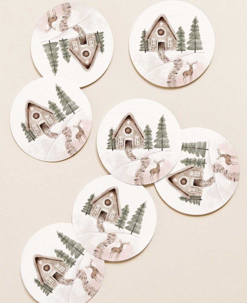 Pegatinas circulares casita reno navidad