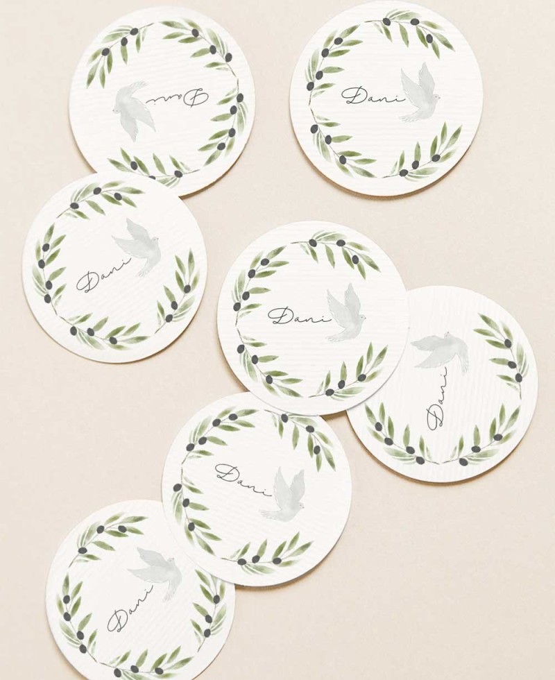 Pegatinas circulares para detalles de comunión olivo paloma