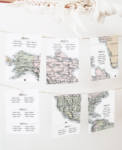 Plan de mesas para bodas colección temática mapa