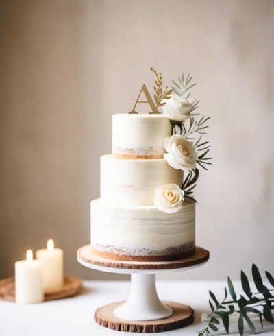 Panoramica cake topper personalizzato con iniziale e foglie