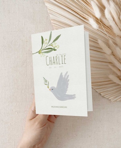 Recordatorios para bautizos con paloma y olivo díptico