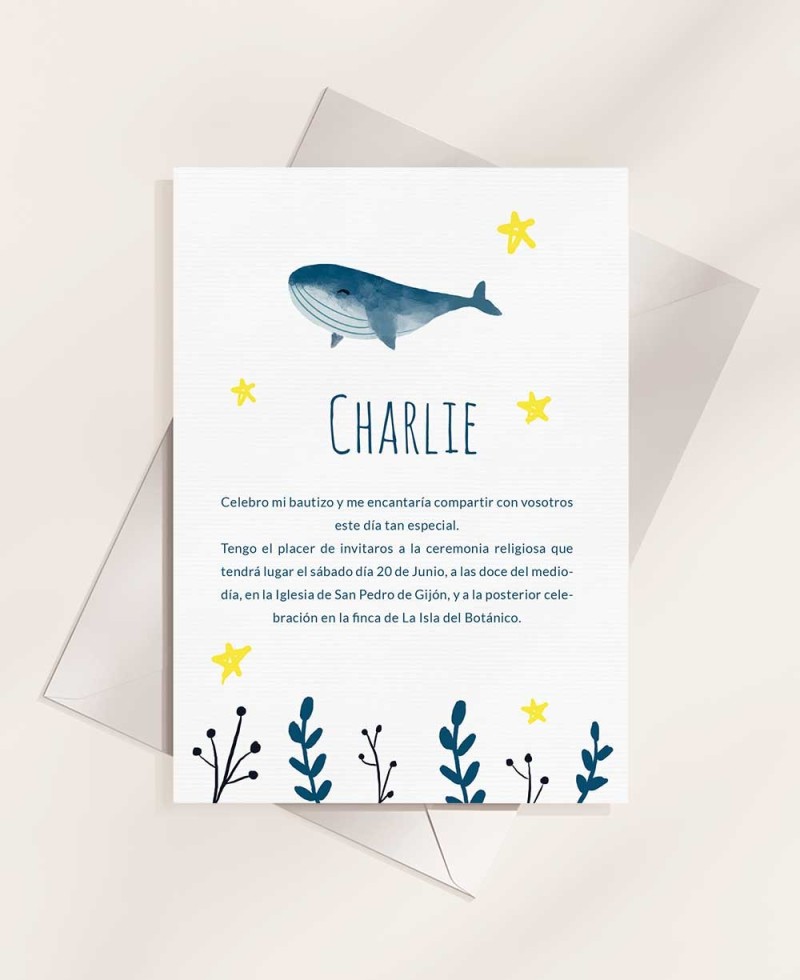 Trasera invitaciones de bautizo océano fondo marino