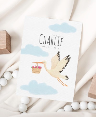 Invitación para bautizos personalizada cigüeña nubes