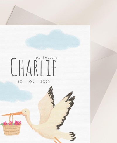 Zoom tarjetón invitación de bautizo animales cigüeña