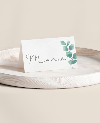 Puesto de mesa plegado para bautizos colección botánica eucalipto