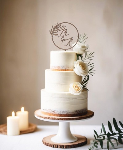 Vista general cake topper iniciales ramillete para bodas