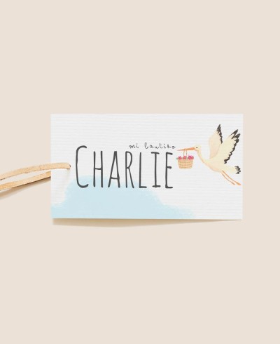 Etiqueta decorativa para regalos de bautizo cigüeña