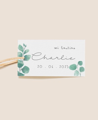 Etiqueta decorativa para regalos de bautizo eucalipto botánica