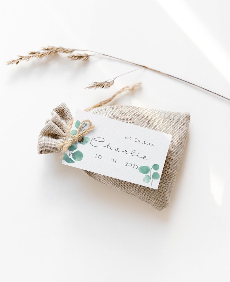 Etiqueta rectangular para bautizos natural eucalipto