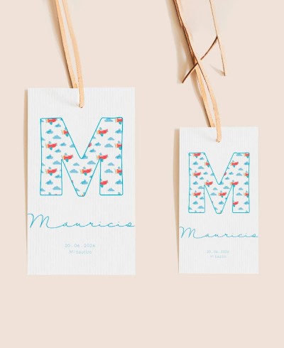Tailles : étiquettes rectangulaires, baptême, initiales, nuages