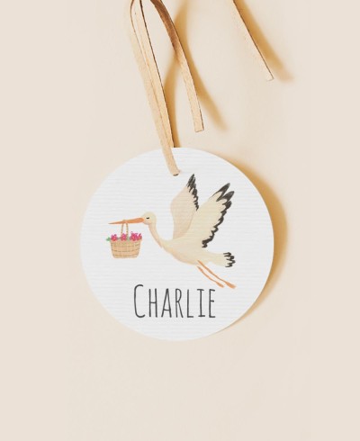 Etiqueta redonda para detalles de bautizo animales cigüeña
