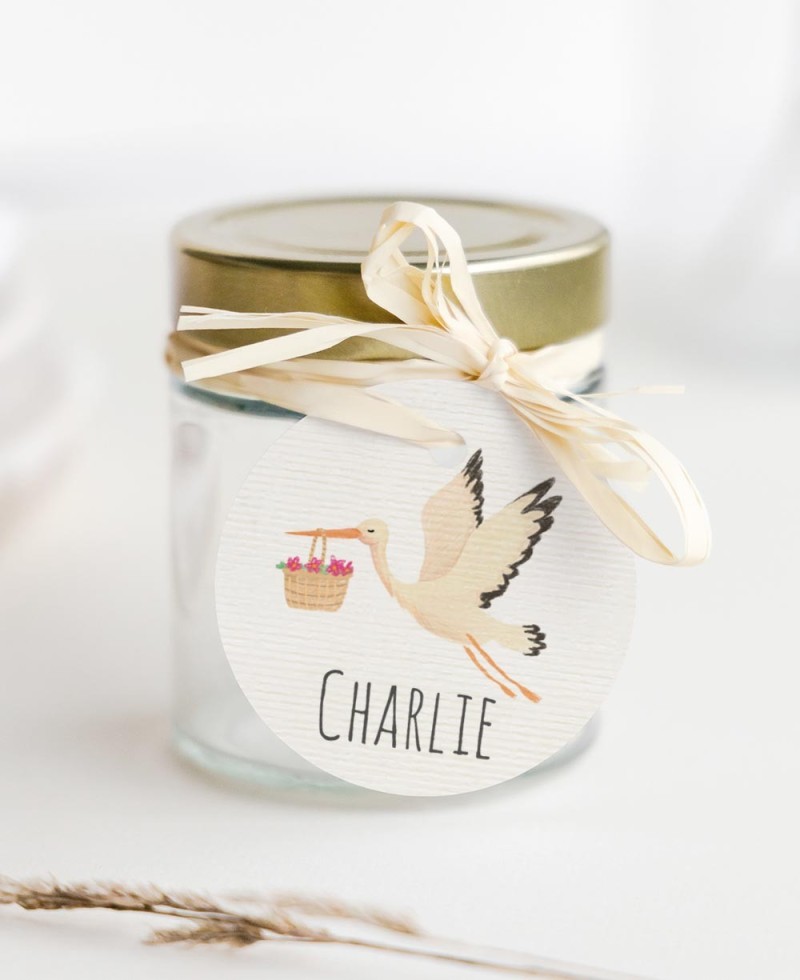 Etichette circolari per regali di battesimo della cicogna