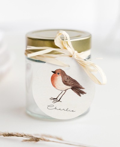 Etiquetas circulares para presentes de batismo de pássaros