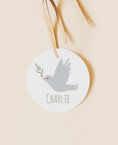 Étiquette pour les détails du baptême pigeon olive