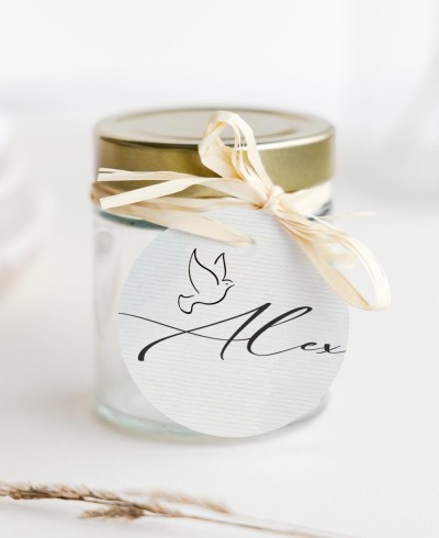 Circular labels for children's watercolor baptism gifts