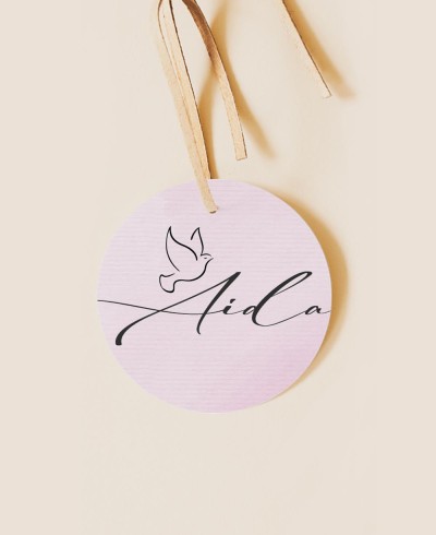Round label for baptism details pink watercolor