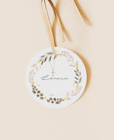 Etiqueta redonda para comuniones cruz y flores