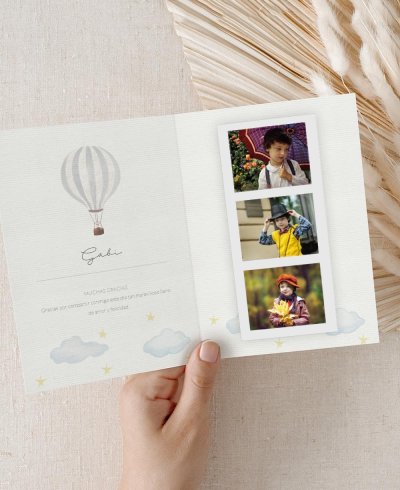 Lembretes de comunhão elegantes com fotos de balão