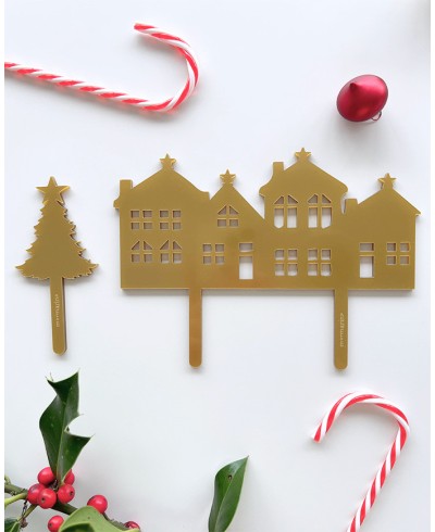 Cake topper casa y árbol de navidad dorado