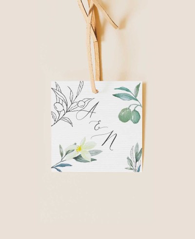 Quadratisches Etikett mit Oliven- und Orangenblüten für Hochzeitsdetails