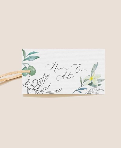 Étiquette rectangulaire olive et fleur d’oranger pour les détails du mariage