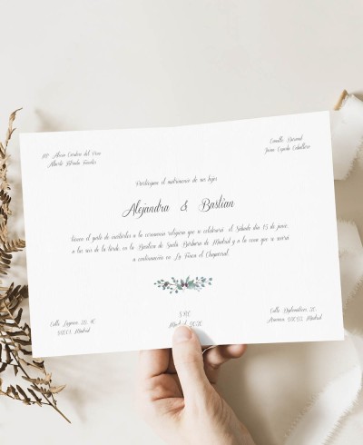 Invitación de boda clásico díptico eucalipto y rosas