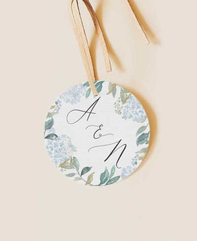 Étiquette ronde pour détails de mariage hortensias bleus