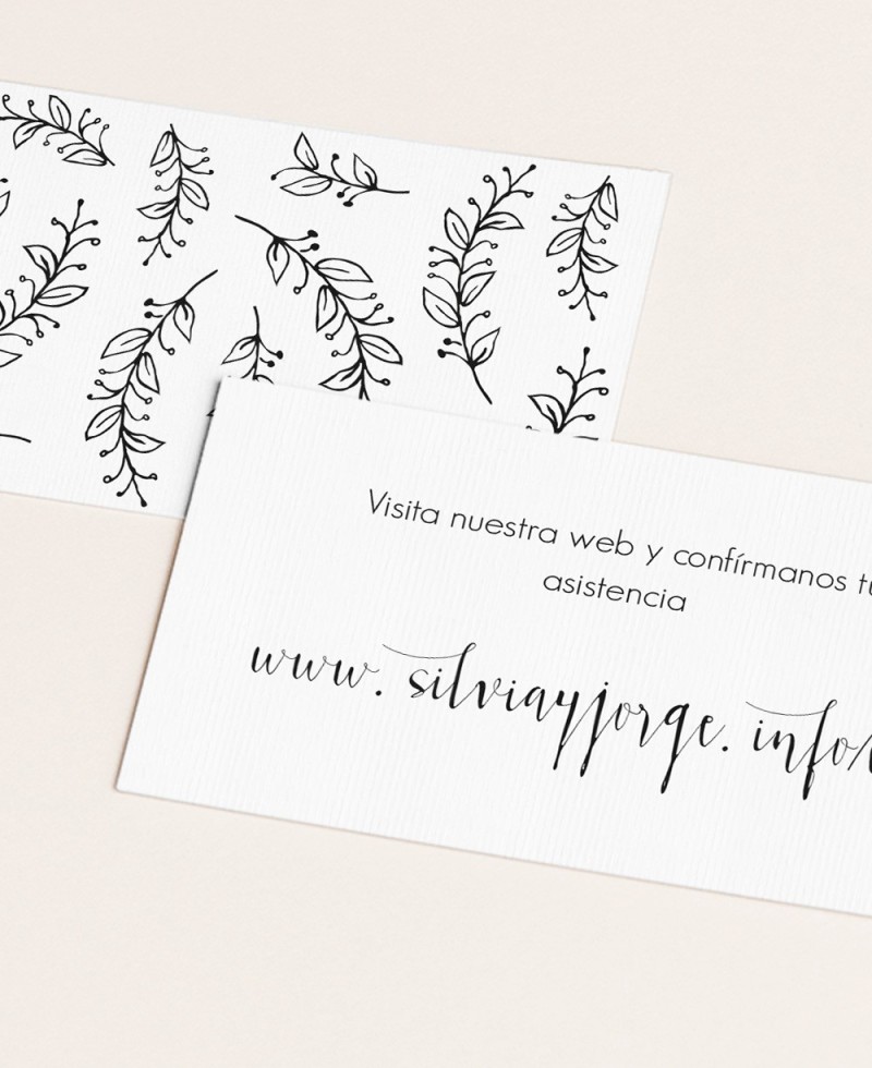Tarjetas web de contacto para boda con hojas minimalista