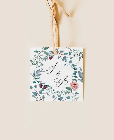 Etiquette carrée pour les mariages d’eucalyptus et de roses