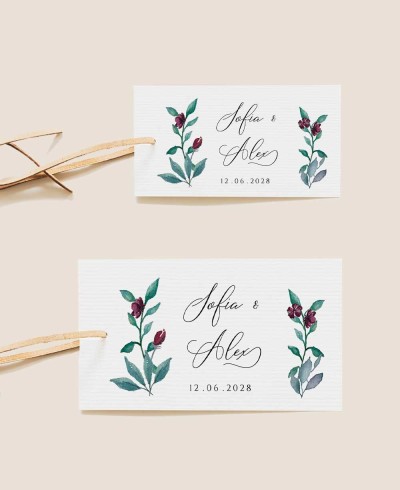 Dimensioni etichetta rettangolare per bomboniere eucalipto e rose