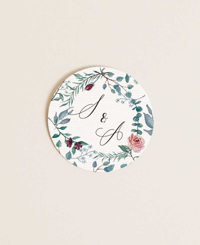 Pegatina redonda para bodas colección eucalipto y rosas